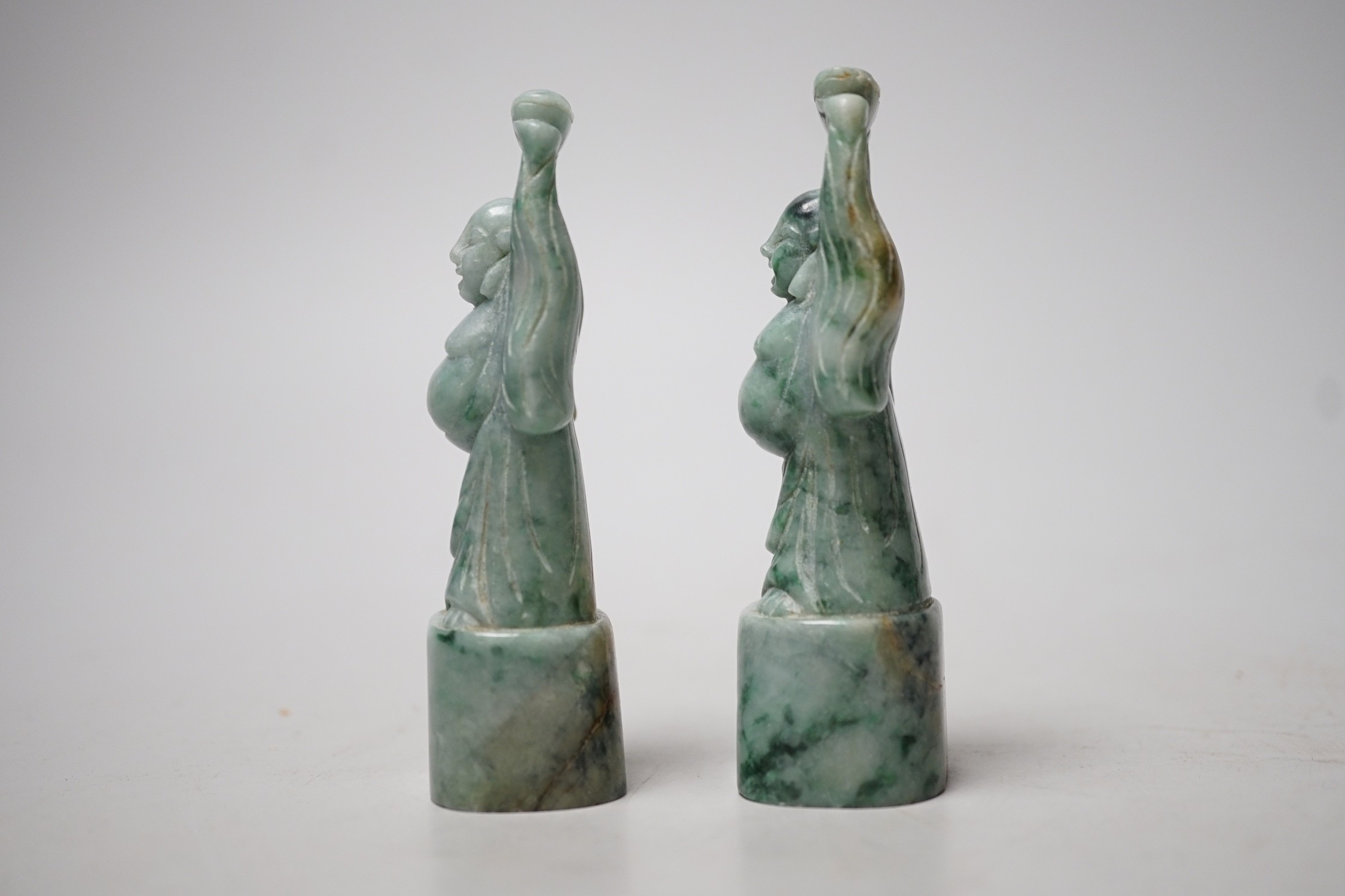 A pair of Chinese jadeite figures of Budai, 10cm tall